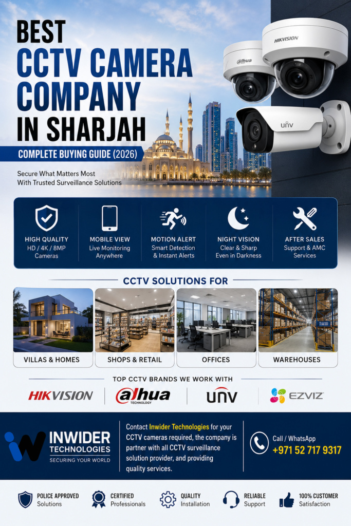 📞 Contact for CCTV Solutions

For reliable and professional CCTV installation and security solutions in Sharjah and across UAE, contact Inwider Technologies. The company is a trusted partner with leading CCTV surveillance solution providers and is committed to delivering high-quality, cost-effective security systems with expert installation and support.

Call / WhatsApp: +971 52 717 9317 cctv cameras solutions in sharjah guide